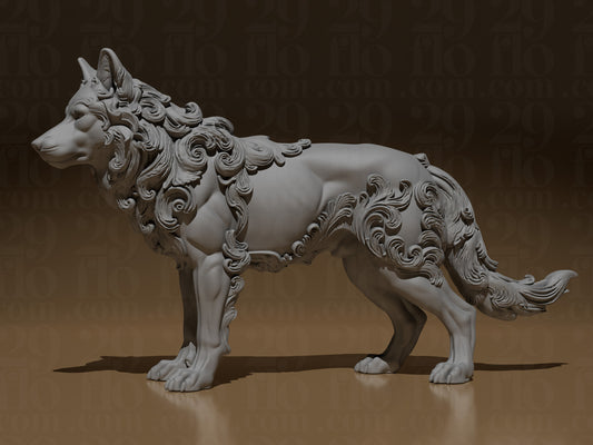 Florale Wolf Skulptur – Barock 3D-Druck