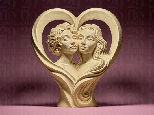 Zwei verliebte Frauen – Herz-Skulptur, 3D-Druck, auf Wunsch handbemalt