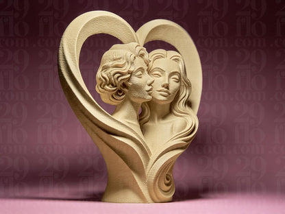 Zwei verliebte Frauen – Herz-Skulptur, 3D-Druck, auf Wunsch handbemalt