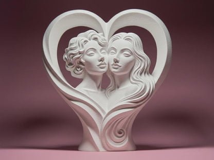Zwei verliebte Frauen – Herz-Skulptur, 3D-Druck, auf Wunsch handbemalt
