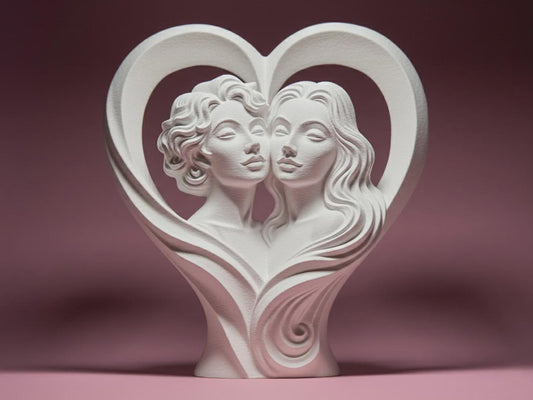 Zwei verliebte Frauen – Herz-Skulptur, 3D-Druck, auf Wunsch handbemalt