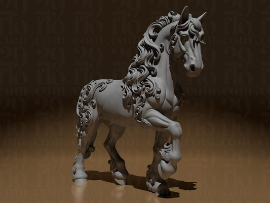 Horse Sculpture - Floral 3d Print – Baroque Home Decor – Metallic Effekt hand painted Statue